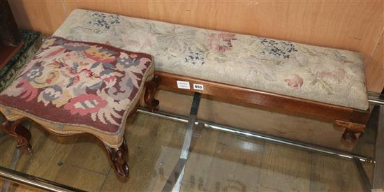 A Victorian mahogany footstool and a fender stool, both with tapestry tops